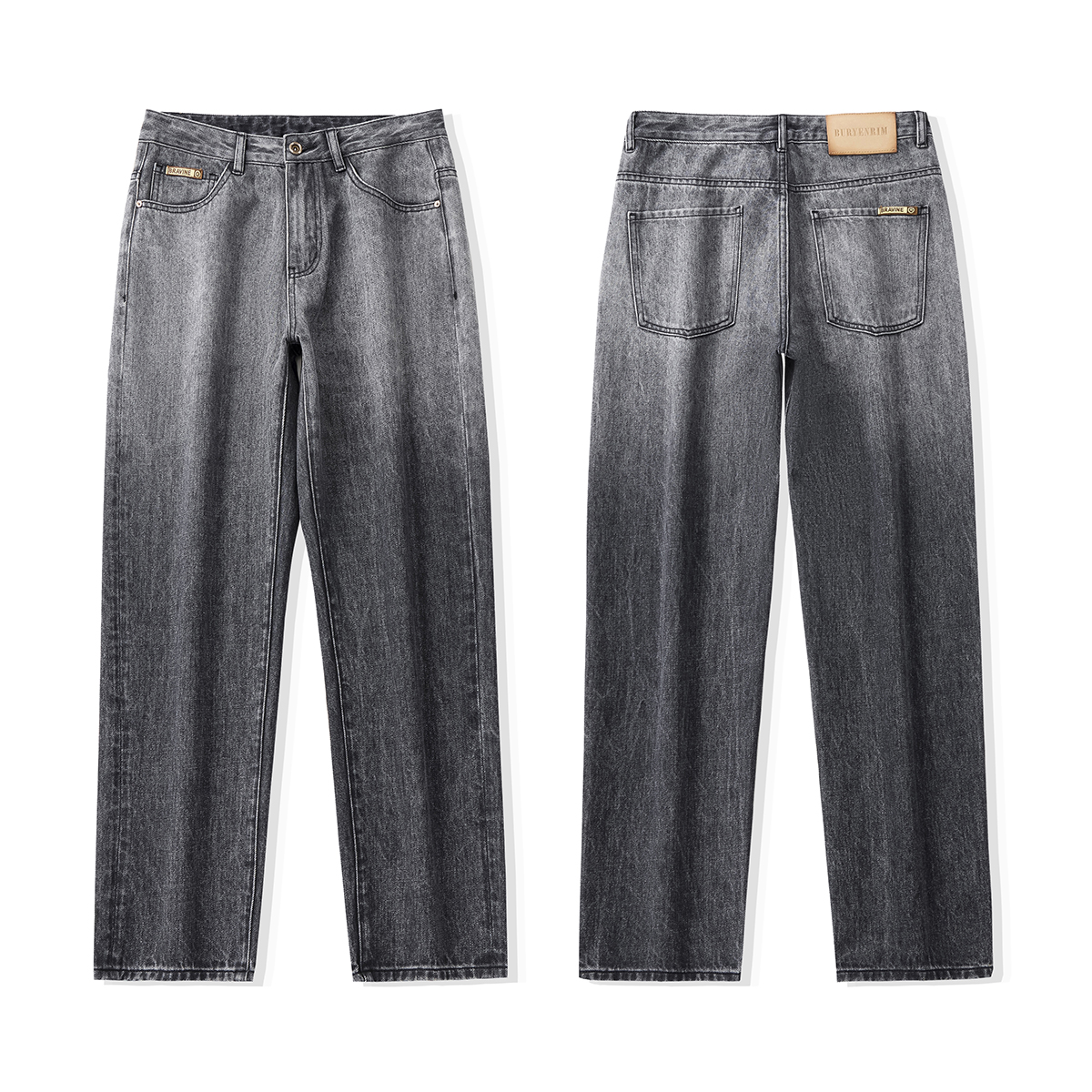 Men's 13.5 OZ Smoke‑grey Enzyme Stone Ombré Wash Regular Straight Jeans