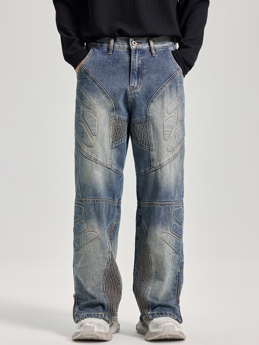 Men's Moto Biker Deconstructed Patchwork Laser Etching Stitched Embossed Side Hem Zipper Jeans