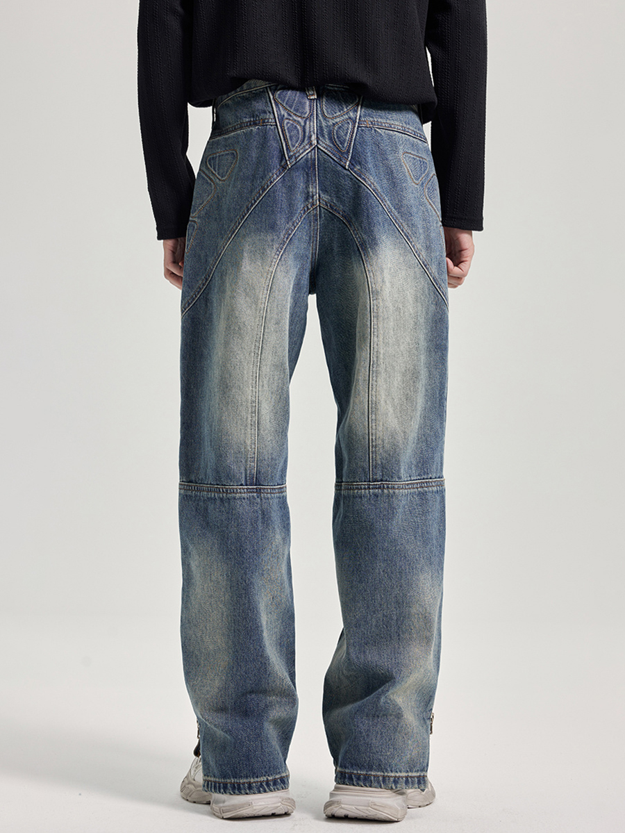 Men's Moto Biker Deconstructed Patchwork Laser Etching Stitched Embossed Side Hem Zipper Jeans