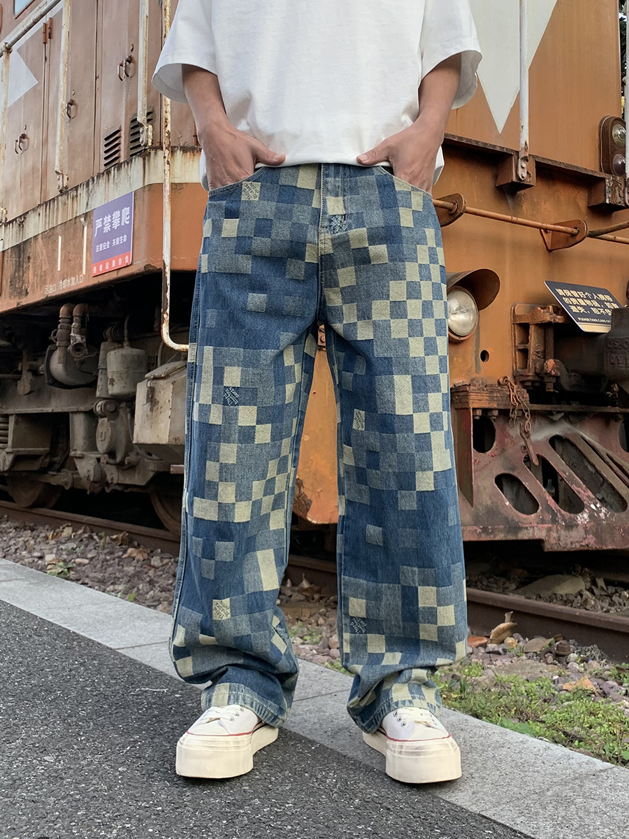 Men's 10.4 OZ 100% Cotton Baggy Checkered Jacquard Denim Jeans