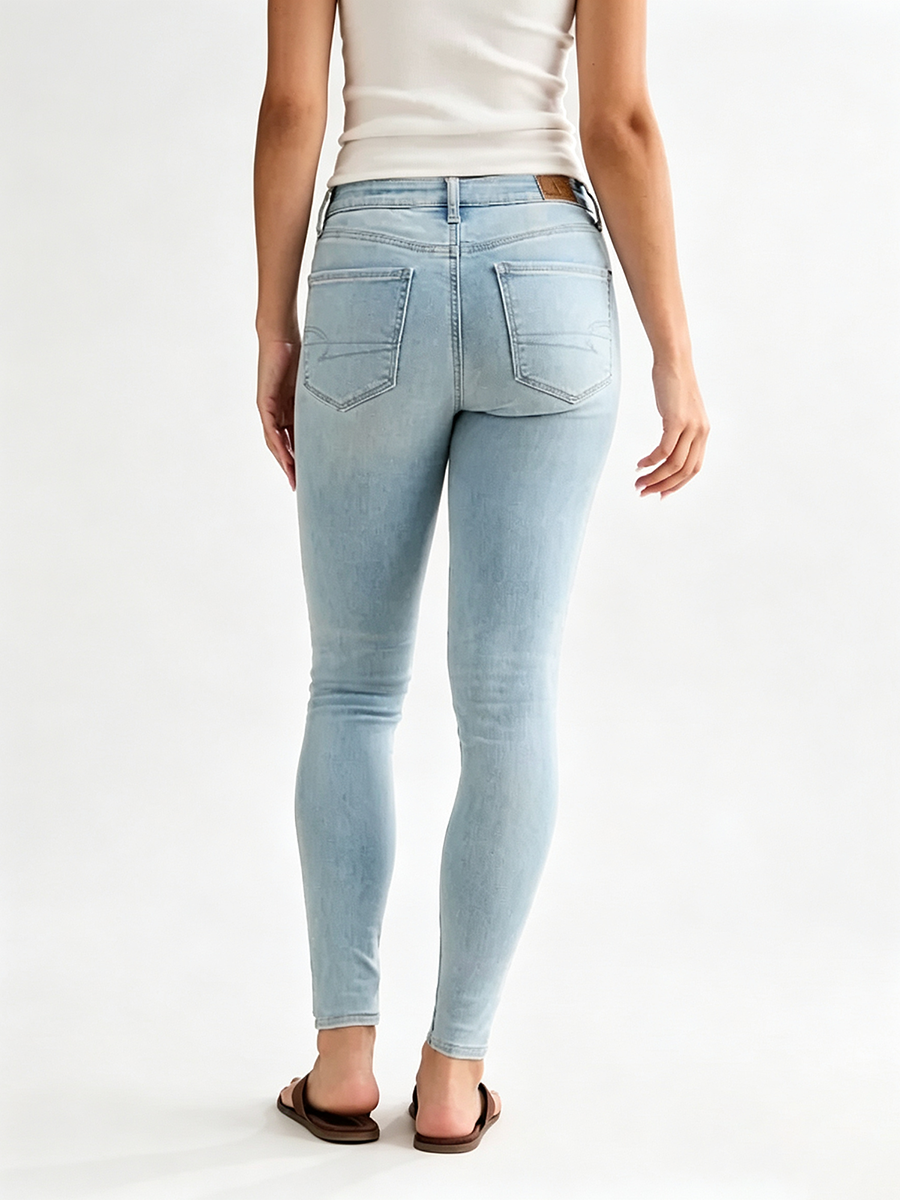 Women's Stretch High Rise Skinny Pale Light Blue Enzyme Stone Wash Sandblasted Jeans