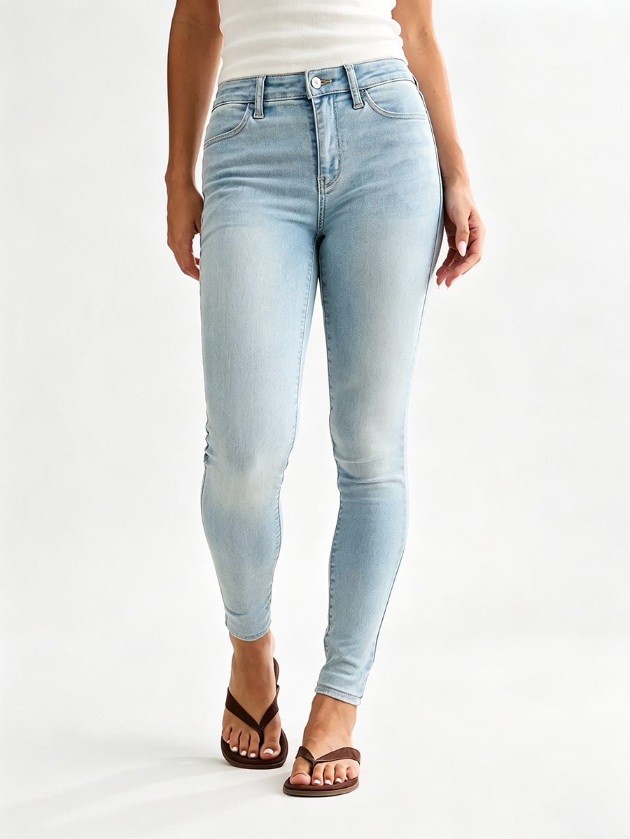 Women's Stretch High Rise Skinny Pale Light Blue Enzyme Stone Wash Sandblasted Jeans