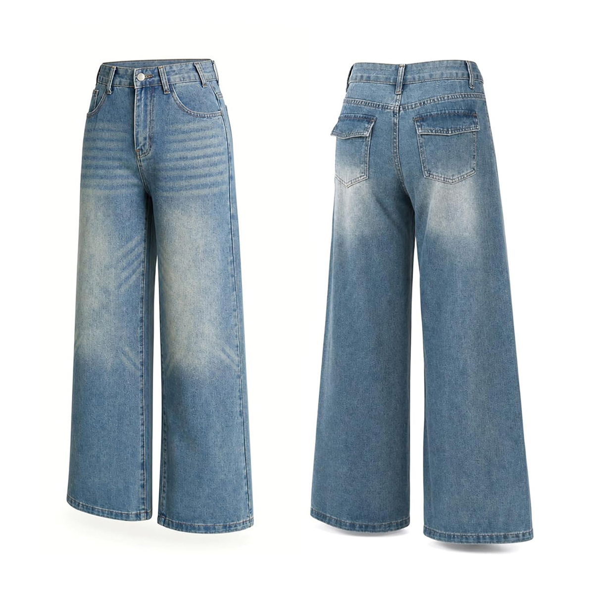 Women's 12.8 OZ Stretch High Rise Faded Wash Wide Leg Flap Back Pockets Jeans