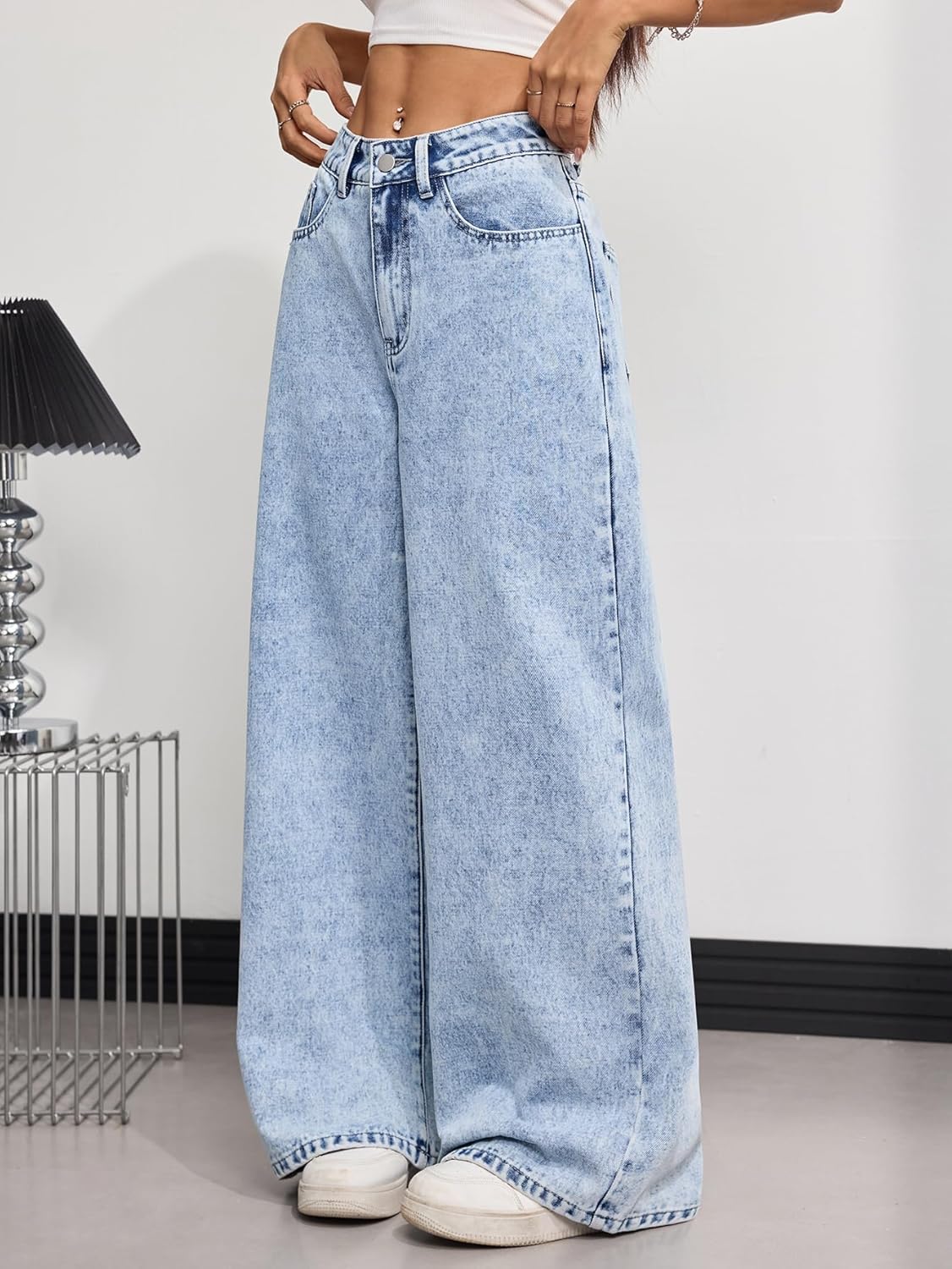 Women's 12.5 OZ Acid Snow Wash High Rise Wide Leg Jeans