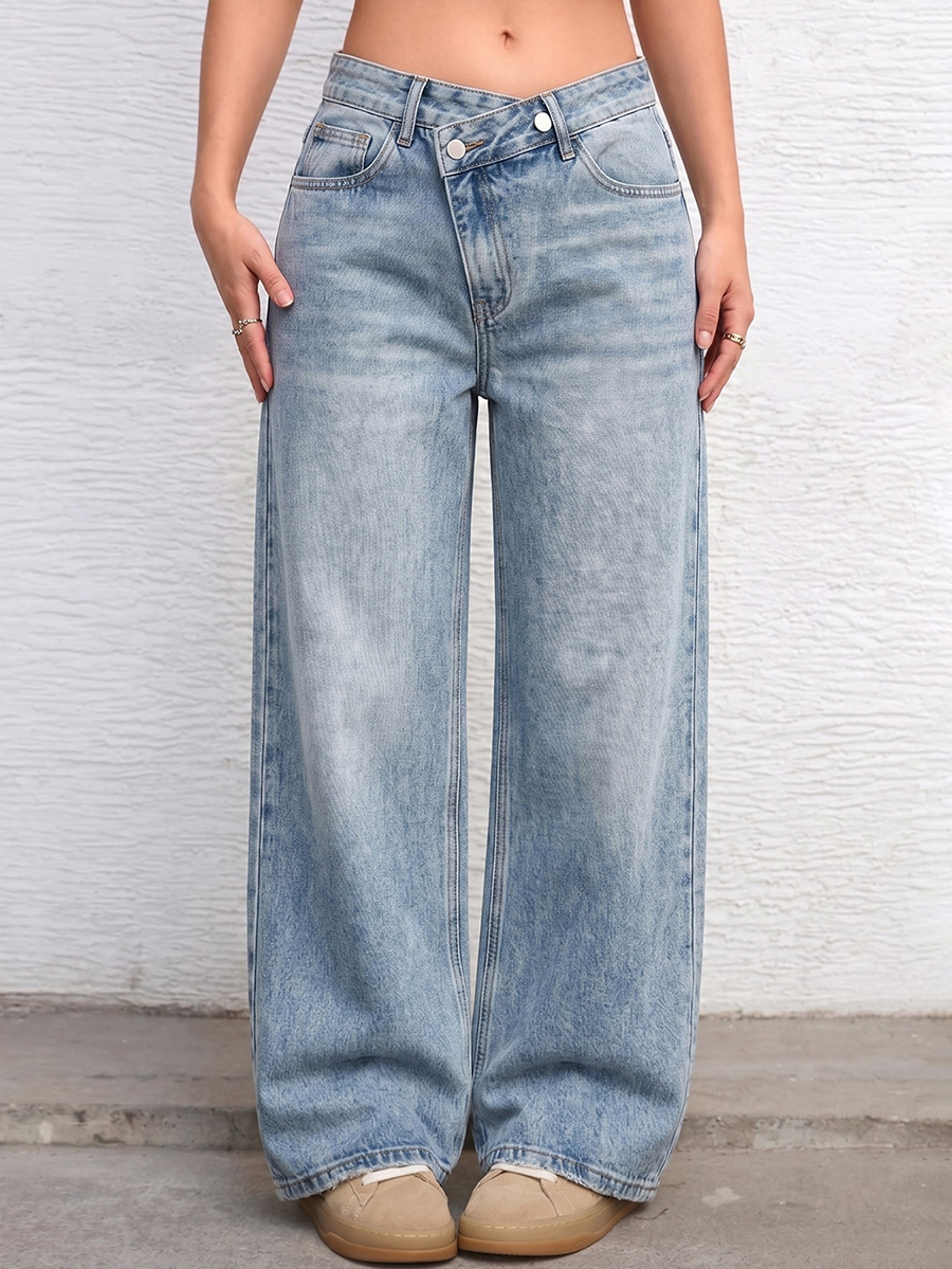 Women's 12 oz Y2K Criss‑cross Crossover Waistband Acid Snow Wash Wide Leg Jeans