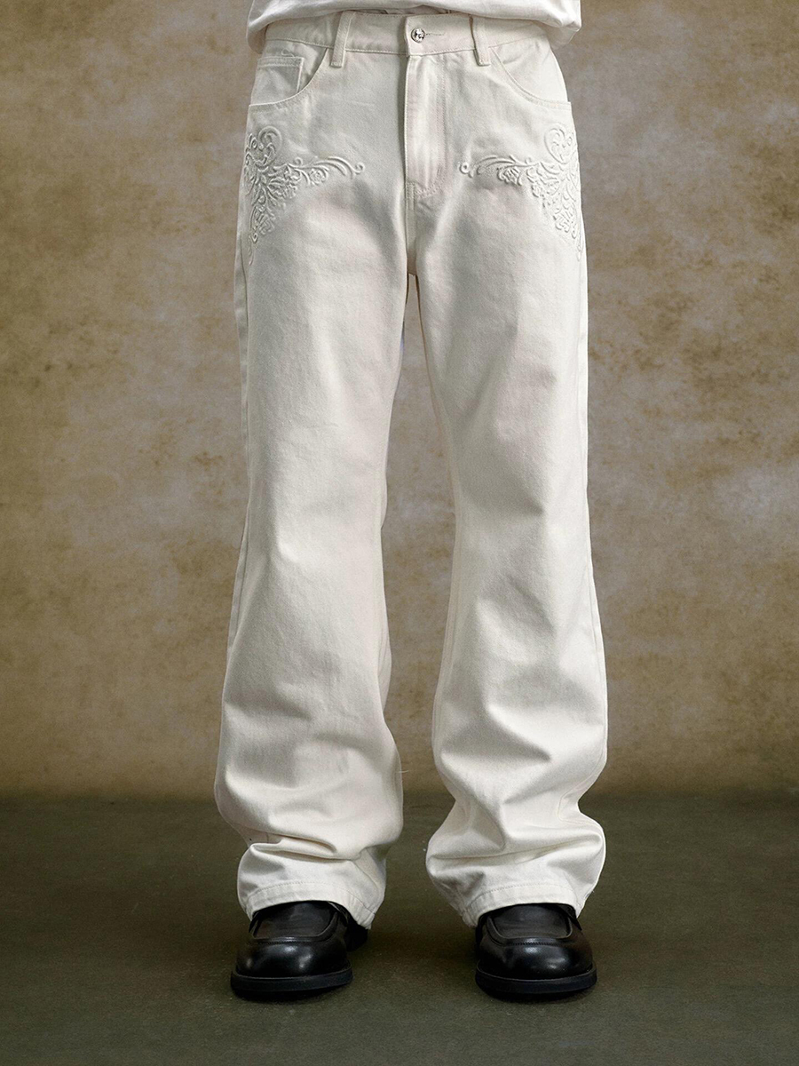 Men's 13 OZ 3D Embossed Embroidery Raw Cream Denim Bootcut Jeans