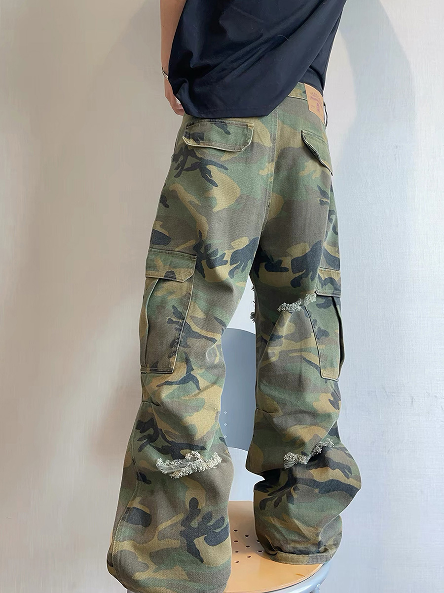 Men's 10 OZ Skate Camo Distressed Cargo Ripped Destroyed Camouflage Wide Leg Pants
