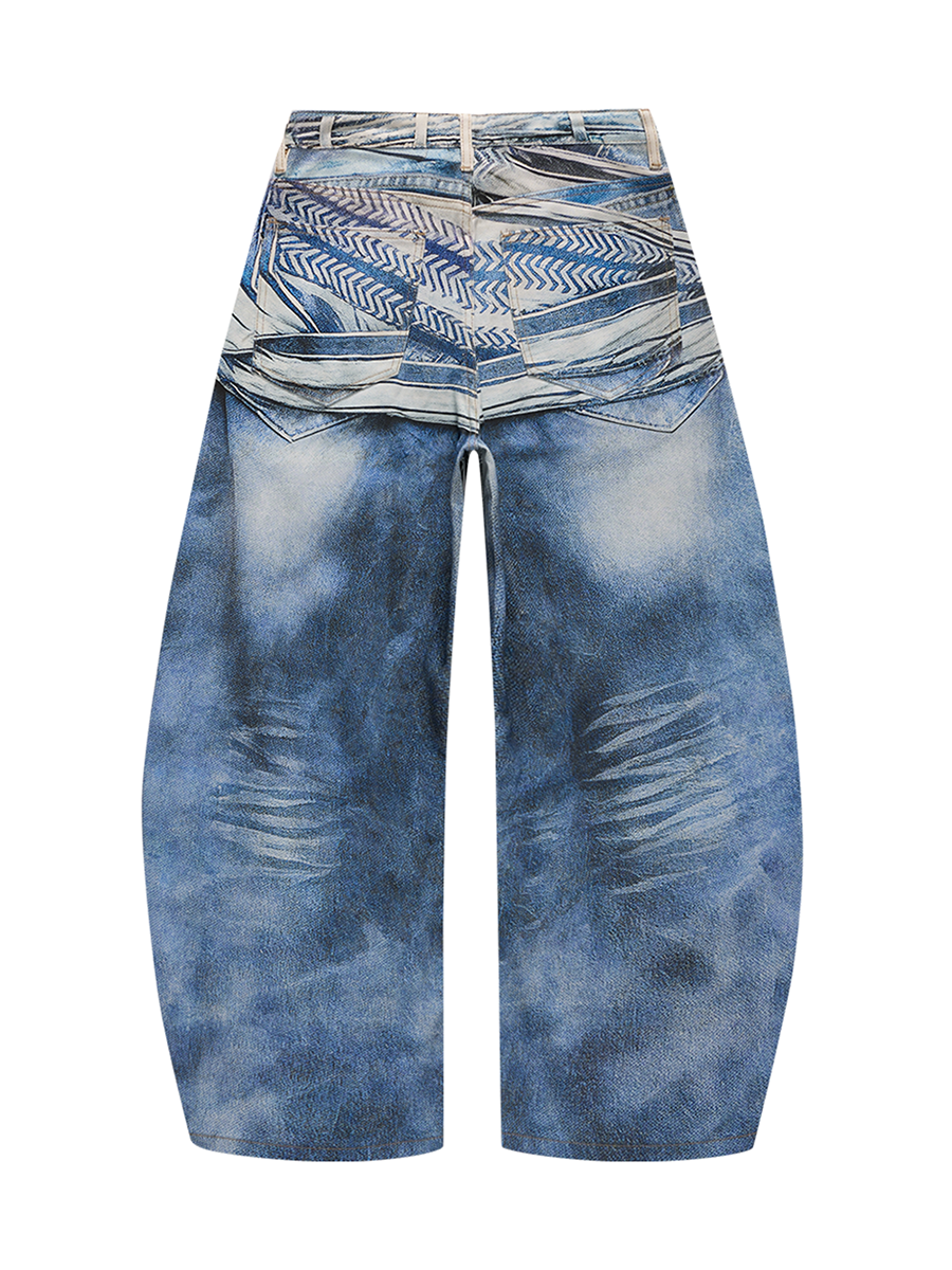 Men's 14.2 OZ 3D Digital Printing Barrel Cut Curve-leg Jeans