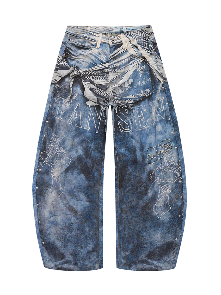 Men's 14.2 OZ 3D Digital Printing Barrel Cut Curve-leg Jeans