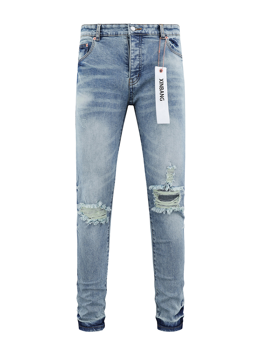 Men's 10.6 oz Stretch Light Acid Wash Destroyed Ripped Skinny Fit Jeans