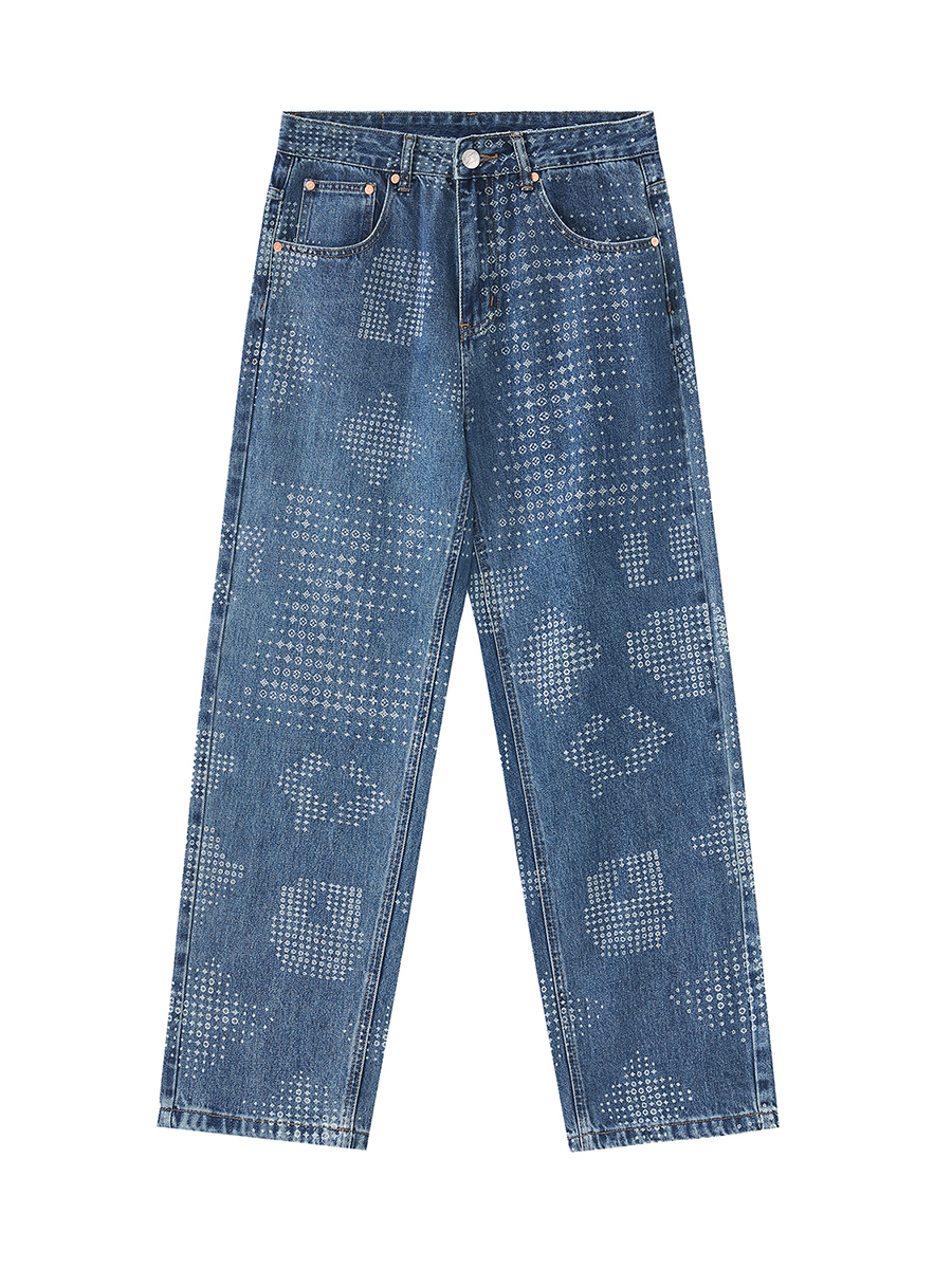 Men's 13.6 oz Y2K 2000s Hip‑hop All‑Over Laser Etching Relaxed Straight Jeans