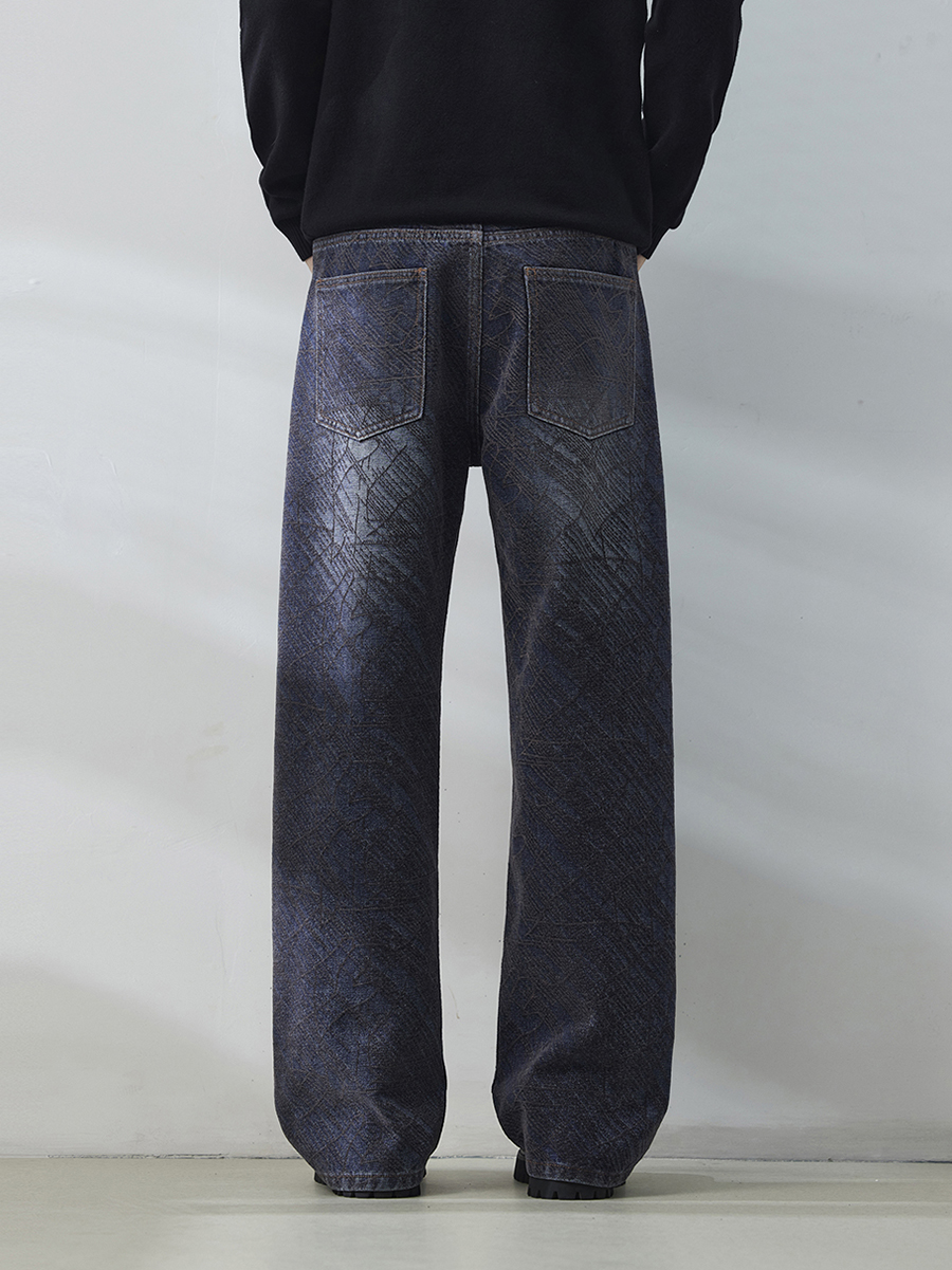 Men's 14.8 OZ Clean Fit Chenille‑textured Subtle Tone‑on‑Tone Jacquard Baggy Straight Jeans