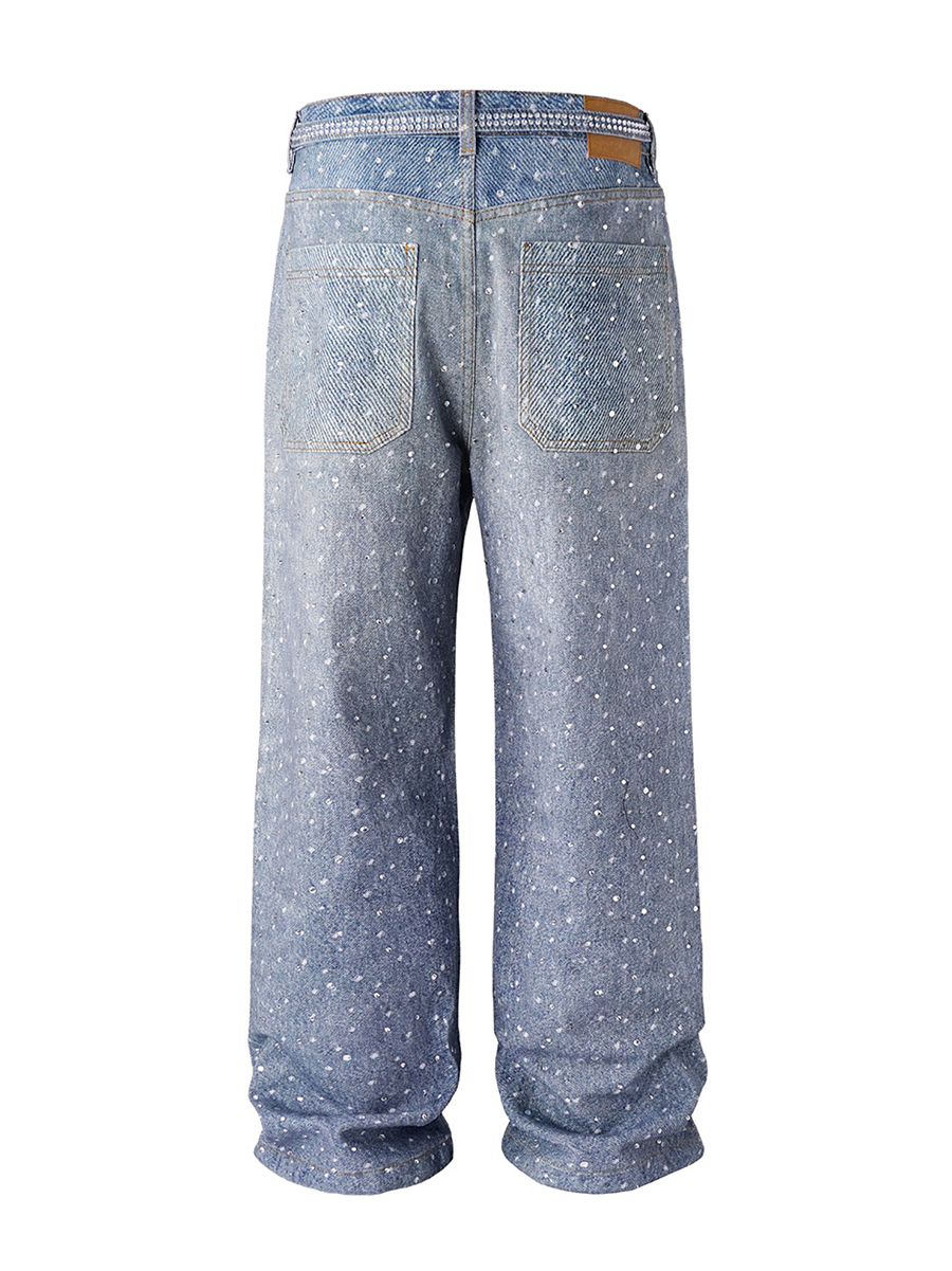 Men's 14.5 OZ 100% 3D Digital Printing Rhinestone Loose Straight Jeans